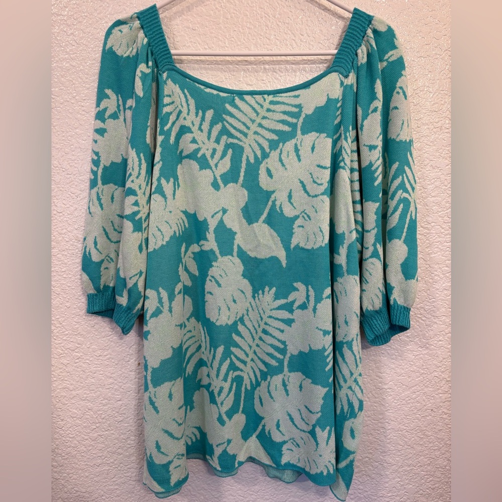 Cato Plus Size Tropical Leaf Knit Sweater‎ Women's 18/20W Teal White - Picture 2 of 5